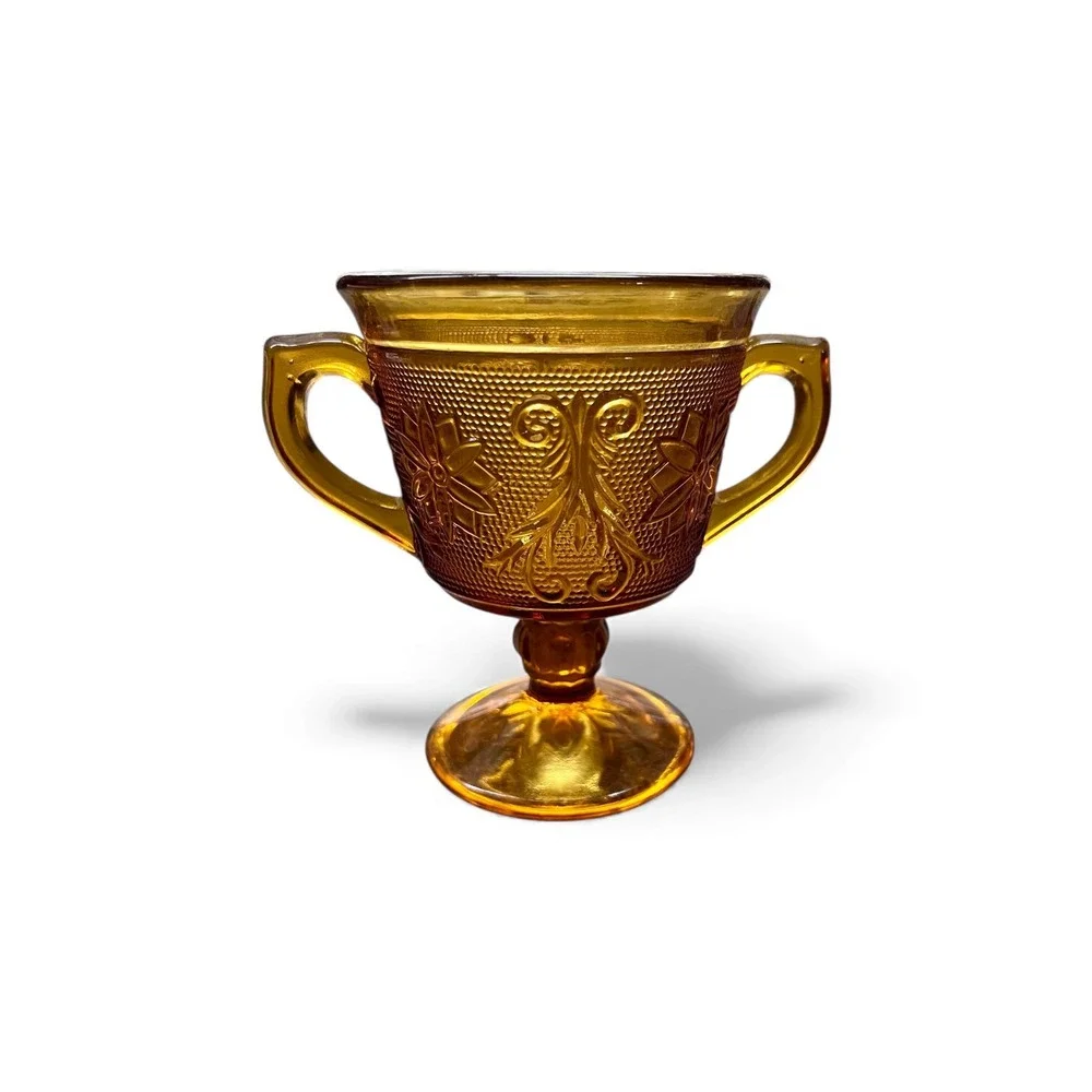 Vintage Tiara Amber Glass Pedestal Sugar Bowl Candy Dish Pressed Glass